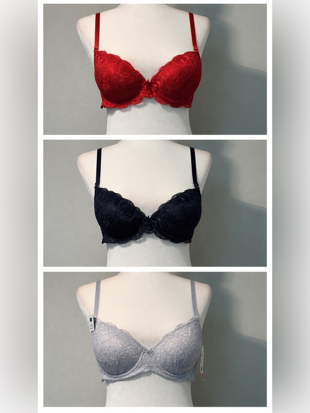 Lot of 3 Lace Underwire Bras 36C Red Black Gray One NWT
